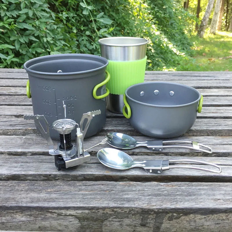 Al aire libre vajilla cocina juegos de utensilios Camping utensilios campamento herramientas senderismo taza de acero inoxidable de aleación de aluminio olla Pan