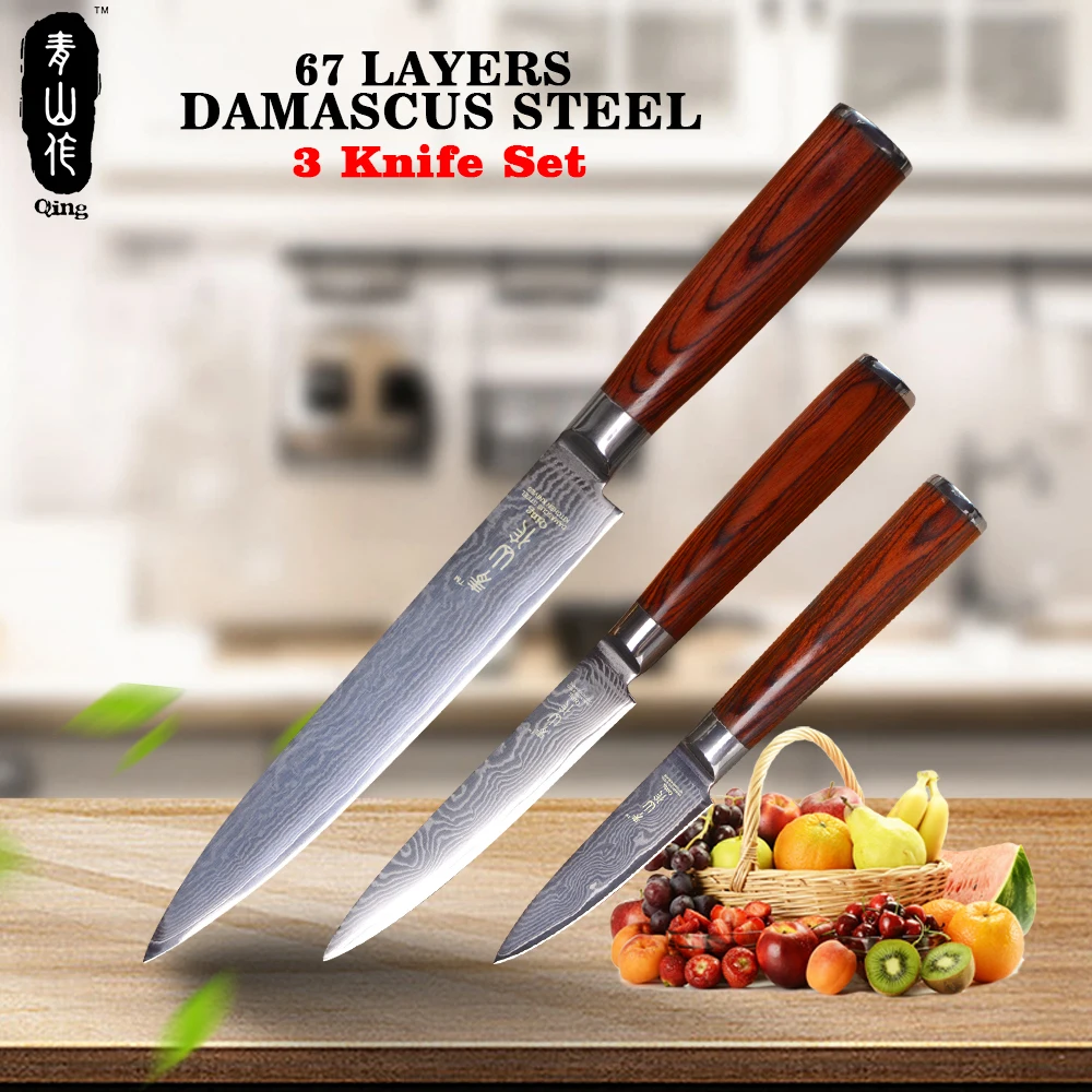 

QING 3pcs Damascus Knives Set 8, 5, 3.5 inch Slicing Utility Paring Knife Professional Meat Fish Vegatable Fruit Kitchen Knife