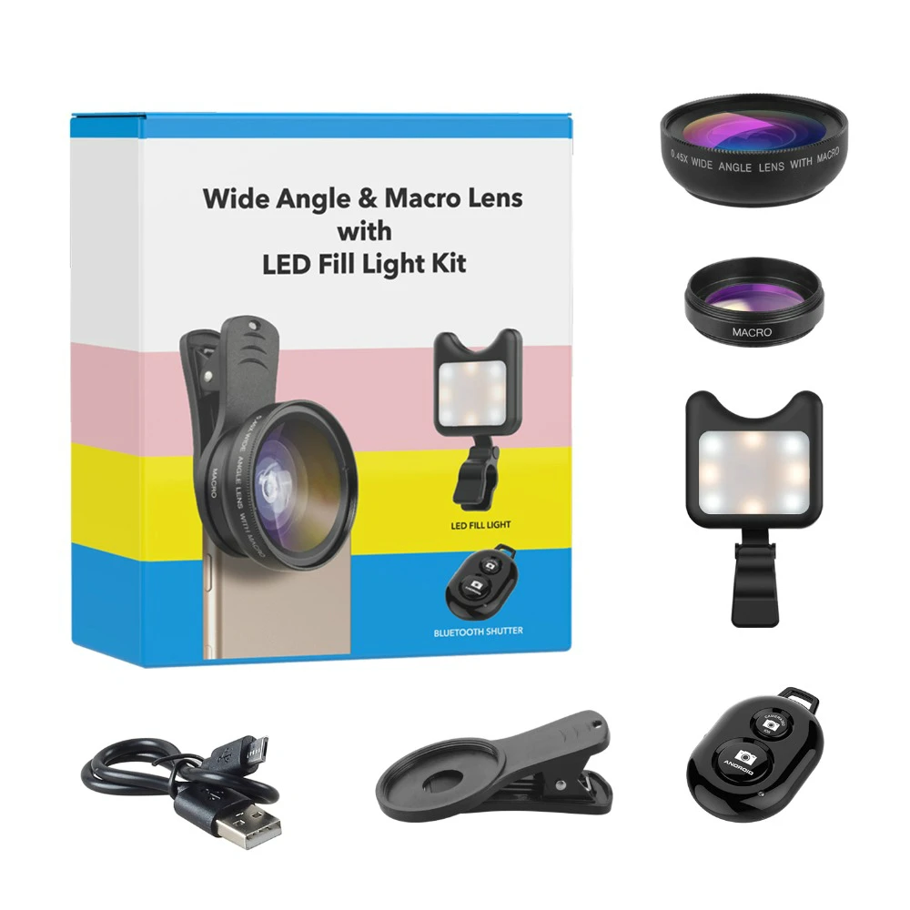 3in1 Lens Kit Rechargeable Selfie Lamp+0.45x Wide Angle+12.5x Macro Phone Camera with Bluetooth for iPhone Samsung | Мобильные