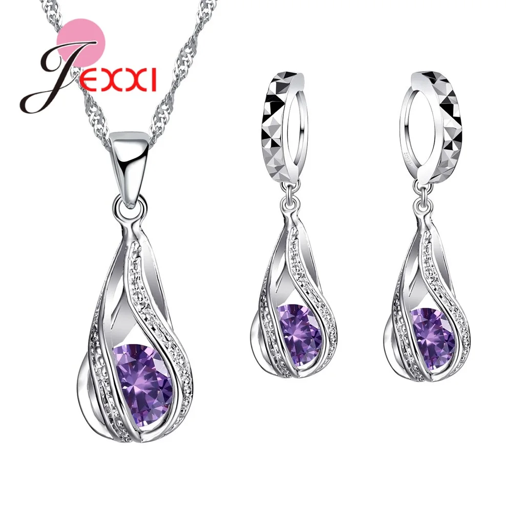 Роскошные Новые Стильные Ювелирные наборы с кристаллами в форме капли воды, Разноцветные 925 пробы серебряные серьги ожерелья для женщин, Изысканные Подарки - Окраска металла: Purple