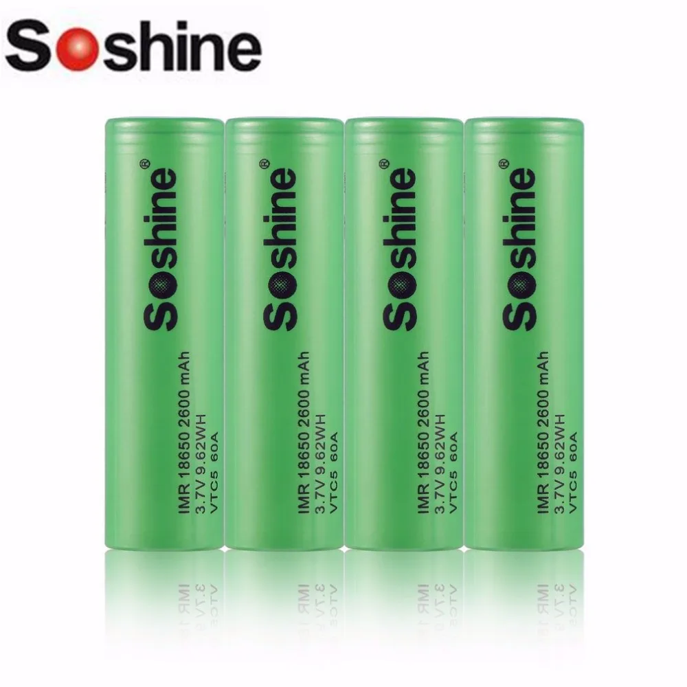 

Soshine 4PCS IMR 18650 60A 2600mAh 3.7V 9.62WH VTC5 Rechargeable Batteries Low Self-discharge No Memory Effect Green