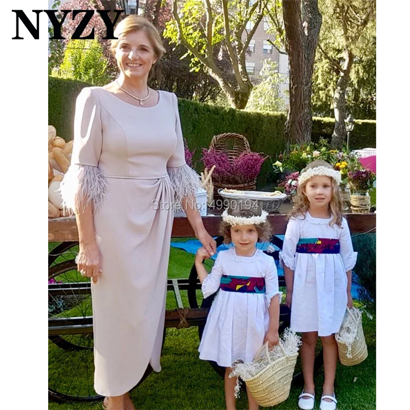 

Ankle Length Silver Elegant Mother of the Bride Groom Dresses Feather Sleeves NYZY M231 Wedding Party Dress Vestidos Coctel 2019