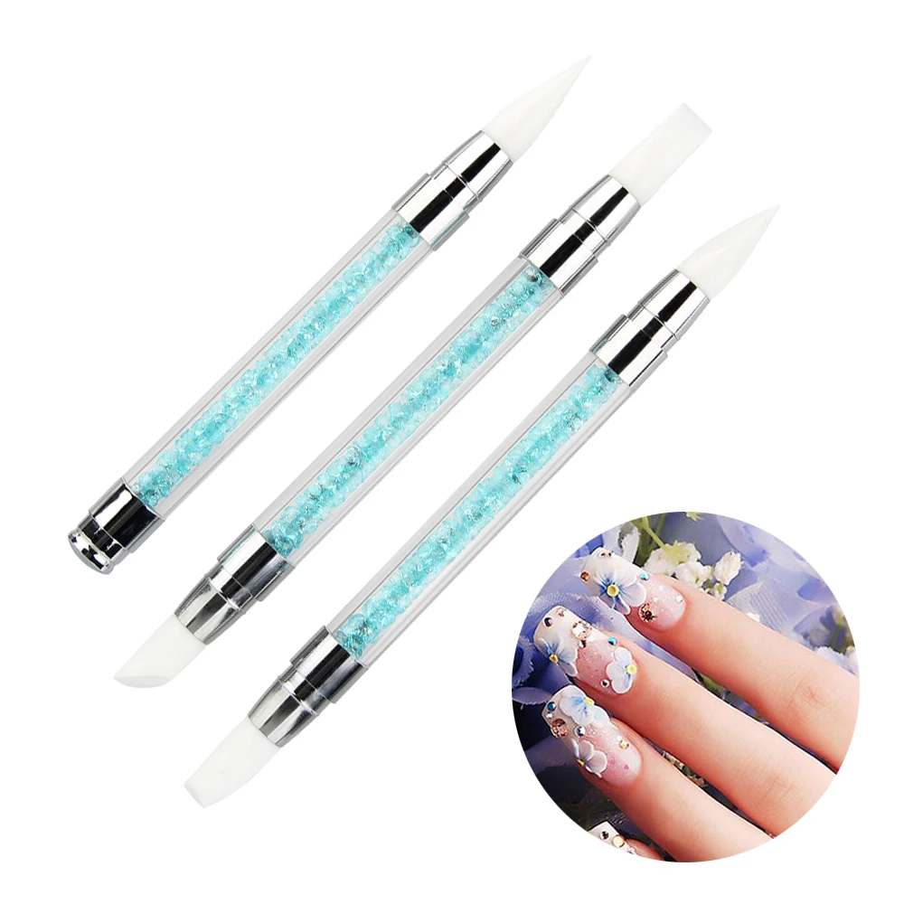 3Pcs Rhinestones Nail Art Brushes Silicone Head Nail Manicures Tools