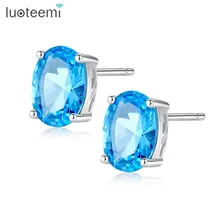LUOTEEMI, роскошные натуральные 5*7 мм, овальная форма, небесно-голубой камень, серьги-гвоздики для женщин, настоящее 925 пробы, серебро, хорошее ювелирное изделие, серьги