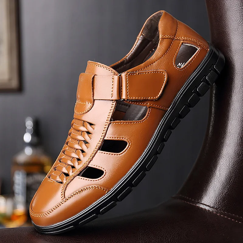 

Brown Leather Sandals Men Summer Clogs Hook Loop Driving Shoes For Men Hollow Sewing Breathable Sandals Male Zapatos Hombre
