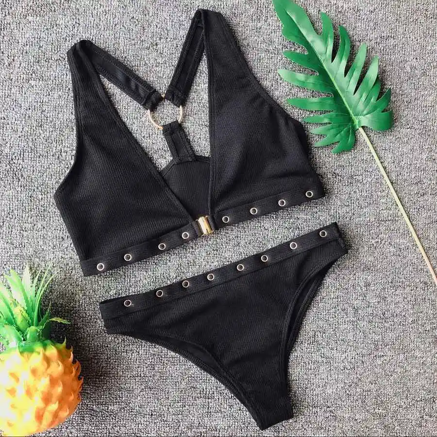 

Sexy Halter Bandage Push Up Bikinis Women Swimwear Ring Bikini Set Cut Out Swimsuit Corns Bathing Suit Biquini Maillot De Bain
