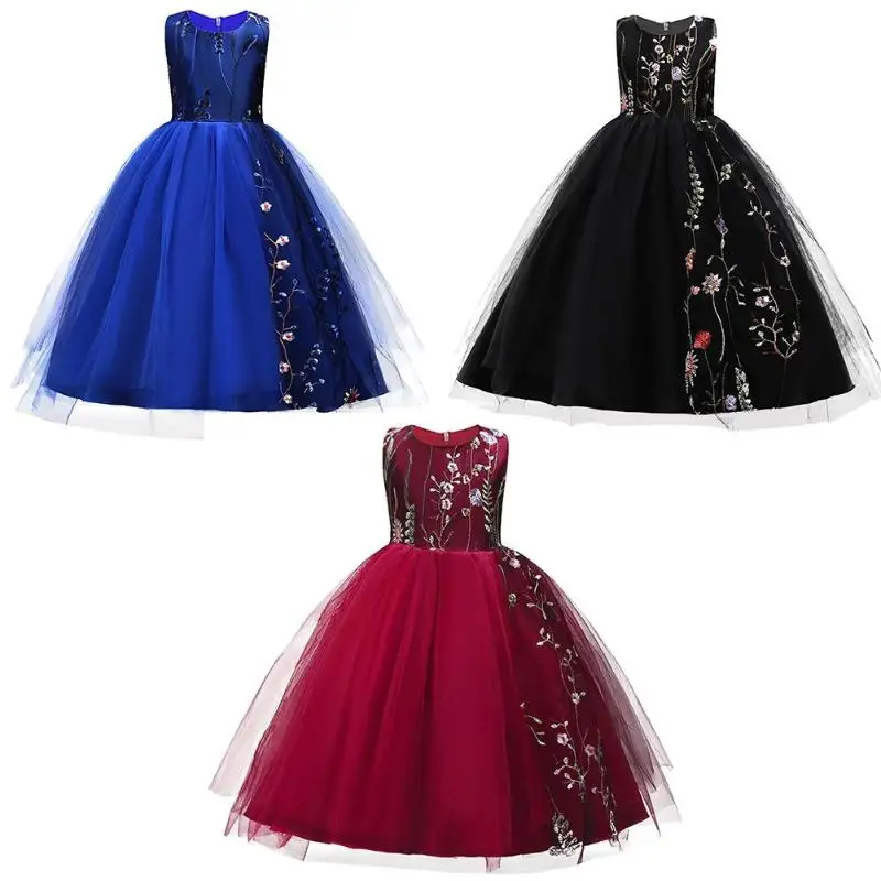 

2018 Ball Gowns for Girls Sleeveless Lace Gauze Embroidery Flower Dress Cute O-Neck Zipper Princess Wedding Birthday Party Dress