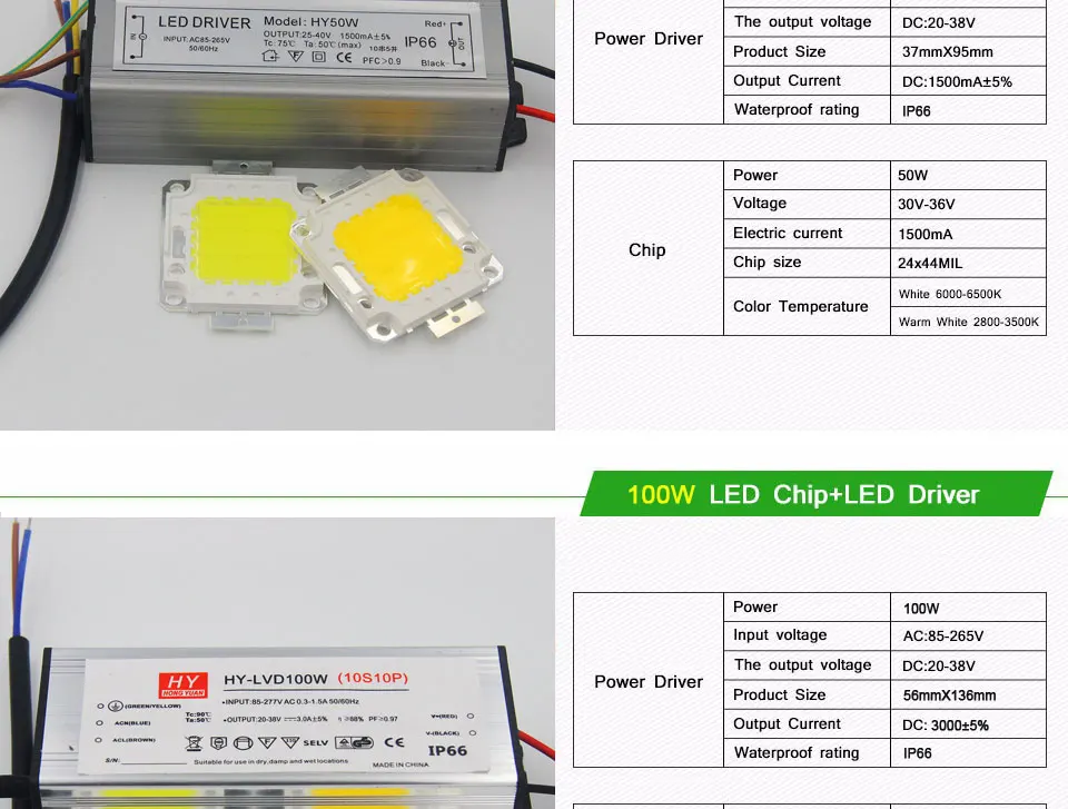 100% Epistar 10W 20W 30W 50W 100W High Power Integrated COB LED Chip On Board Light Source with LED Driver for DIY Floodlight