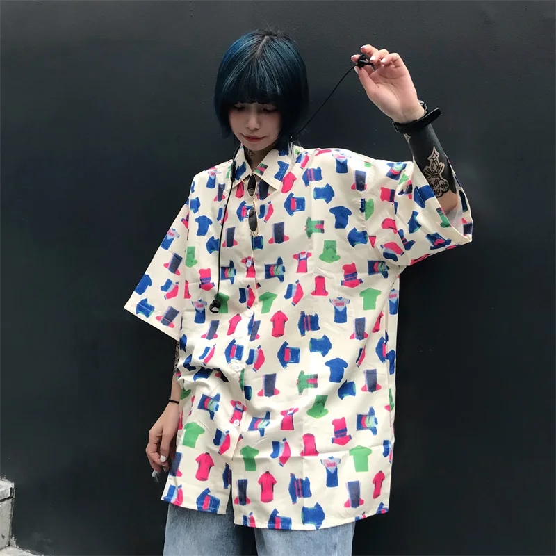 المتناثرة BF الصيف النساء البلوزات خمر طباعة عارضة المعتاد بلوزة قصيرة الأكمام رفض طوق قميص قمم للجنسين الشارع الشهير