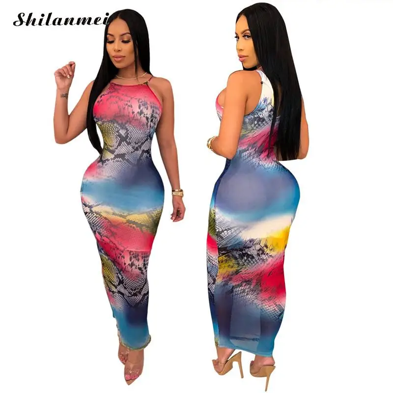 

Summer Bohemian Maxi Dress Beach Dress Women Snakeskin Print Long Dress Sexy Sleeveless Slim Maxi Bodycon Holiday Cover Up