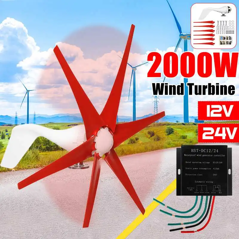 

2000W 12V 24 Volt 6 Blades Wind for Turbine Generator + Controller Gift Power Horizontal Windmill Energy for Turbine Charge