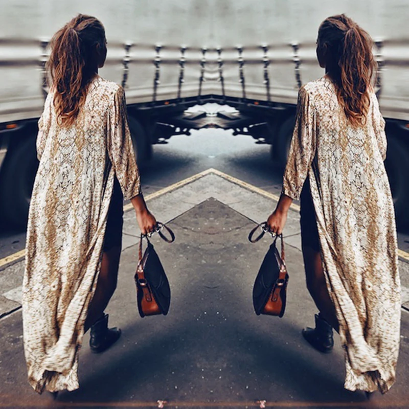 2019 Summer Long Kimono Cardigan Women Snakeskin Printed Chiffon Cardigan Cover Ups Beach Boho Blouses Outwear Maxi Coverups