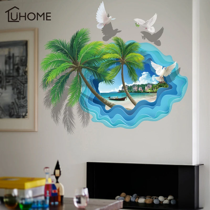 

3D Broken Wall Beach Scenery Wallpaper Ocean Beach Coconut Tree Removable Seascape Wall Sticker for Kids Room Bathroom Decor
