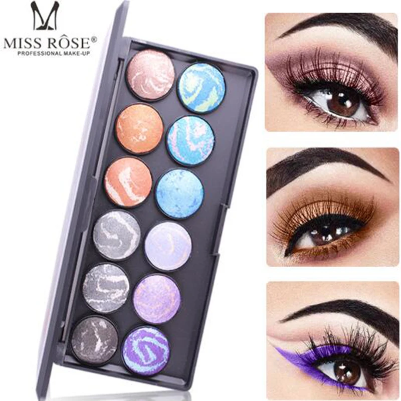 

Miss Rose 12 color baking powder eyeshadow elegant black plastic shell printed white pattern eye shadow palette makeup