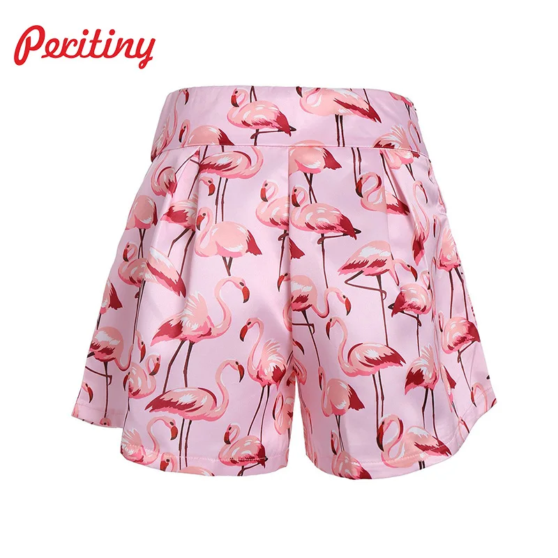 Peritiny 2017 Women's Clothing Summer High Waist Floral Flamingo Printed Short Pants Cotton Shorts Flower Ruffles Short Pants