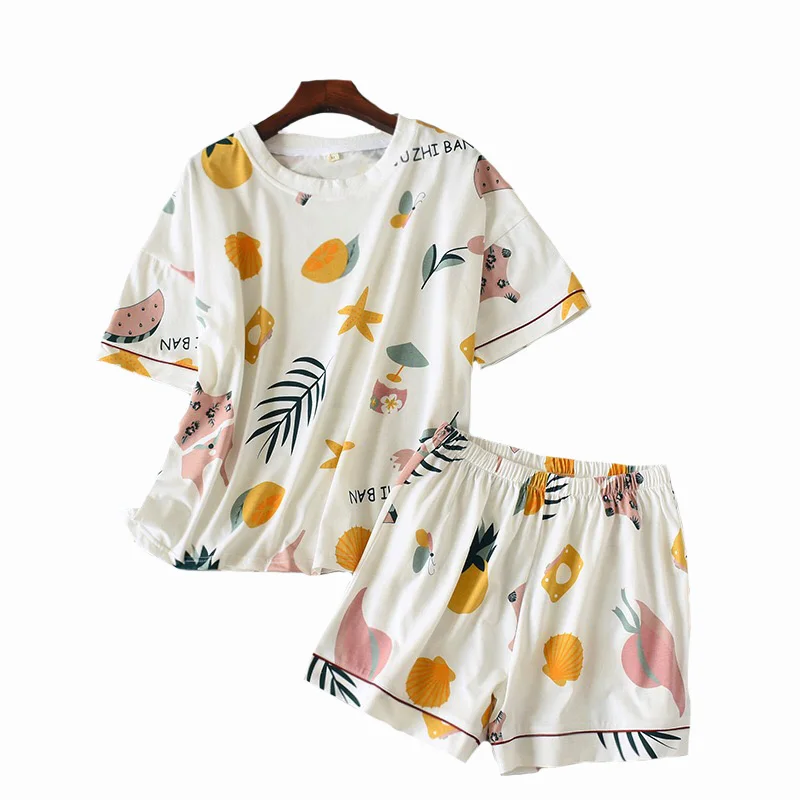 

2019 Summer And Spring Ladies Pajamas Set Women Cute Cartoon Printed Sleepwear Set 2Pcs Short Sleeve+Shorts Full Cotton Homewear