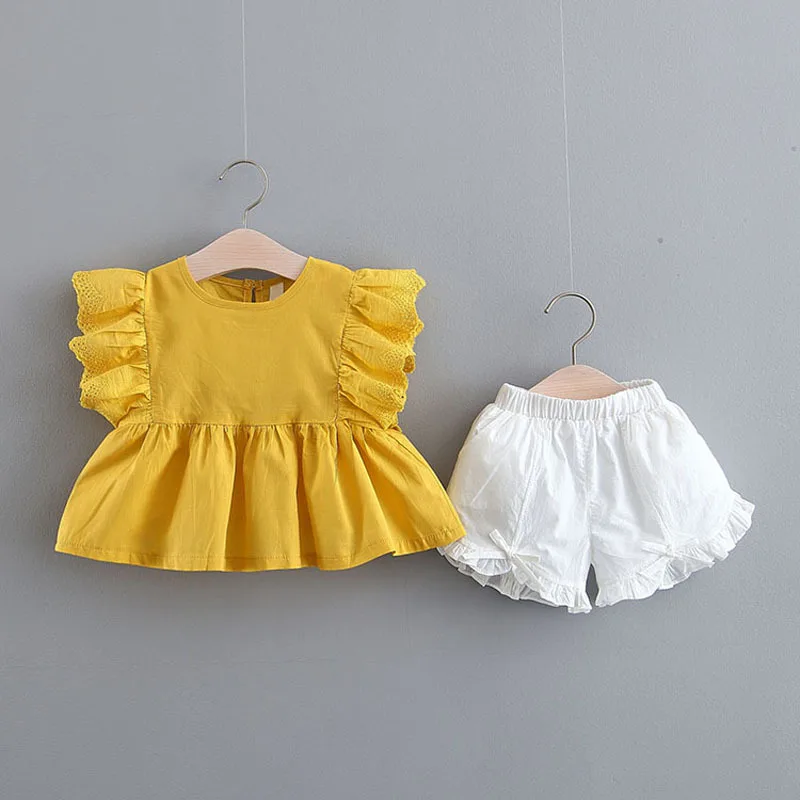 

Summer Girls Set Flare Sleeve Shirt Dress + Shorts 2PCS Toddler Set Kids Suit Fashion Girls Clothing