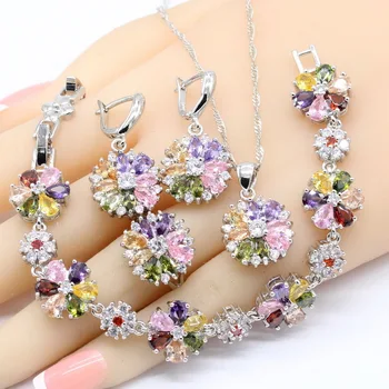 

Multicolor Folwer Shape Bracelet Earrings Necklace Pendant Rings Silver Color Color Jewelry Sets For Women
