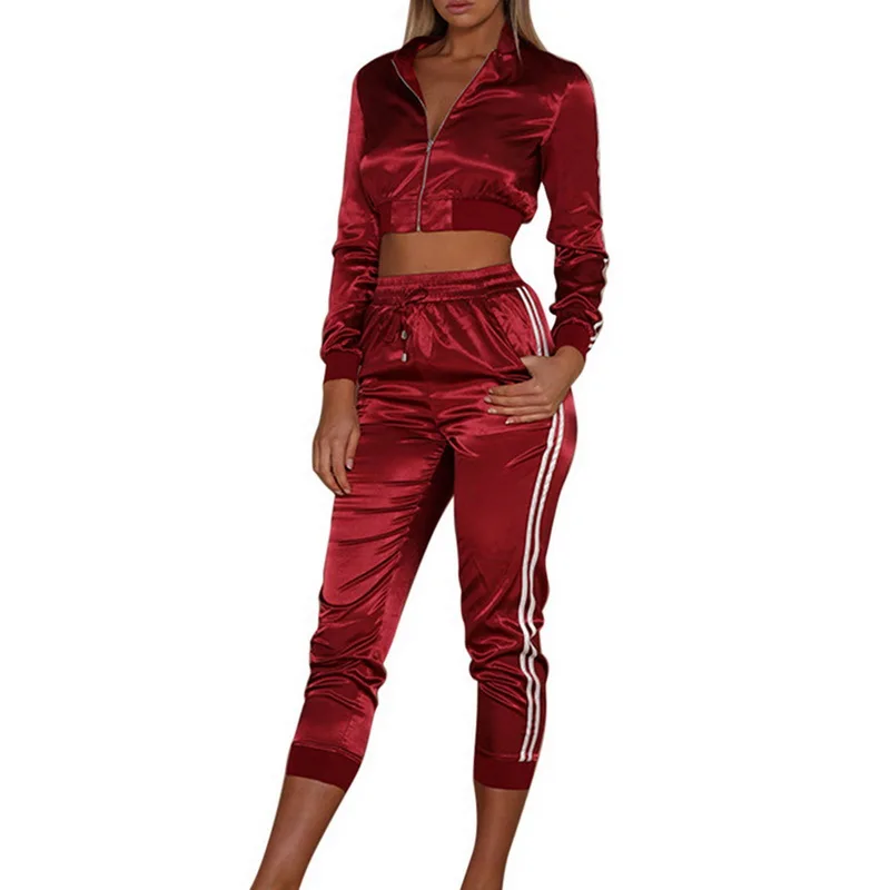 Litthing Women Tracksuit Zipper Hoodies Sweatshirt Pants 2 Pieces Set Fashion Female Cropped Top Pullover And Trousers Suit - Цвет: Wine Red Style 2