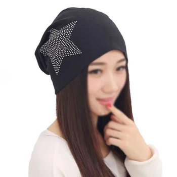 

Winter Women Cotton Head Cap Hot Diamond Five-pointed Hats Star Czech Diamond Watermill Beanies W2