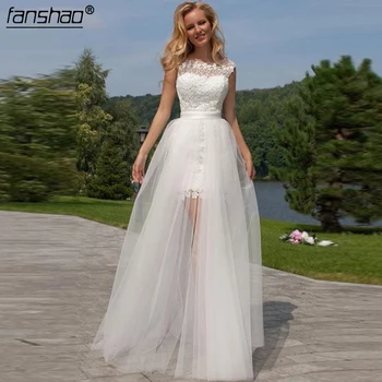 

2019 Muslim Wedding Dress Simple Detachable Lace Illusion vestido de noiva Dubai Arabic Wedding Gown Bridal Dress