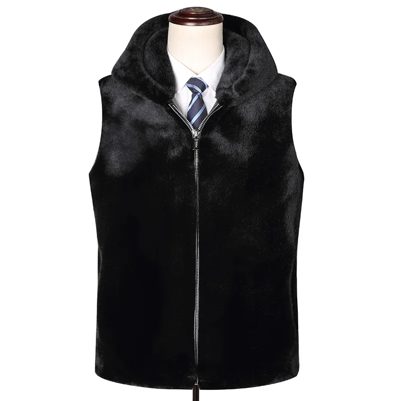Q2 New Fashion Autumn and Winter Men;s Clothing Cashmere Waistcoat Male Fur Coat 10% Mink Fur Vest Hooded Jacket