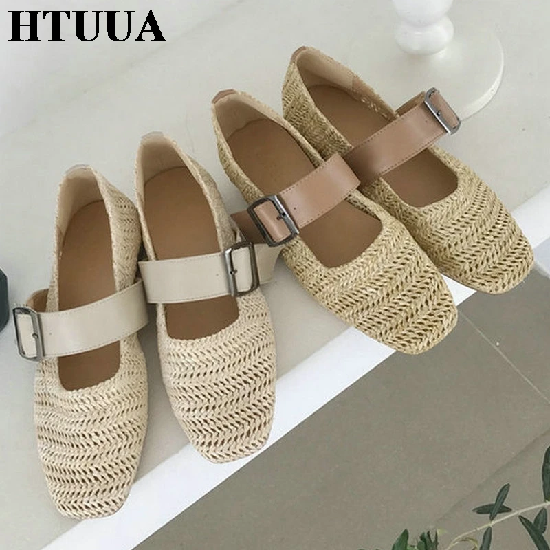 

HTUUA 2019 New Autumn Summer Straw Weave Flat Shoes Women Casual Flats Breathable Cozy Small Heels Mary Janes Loafers SX2901