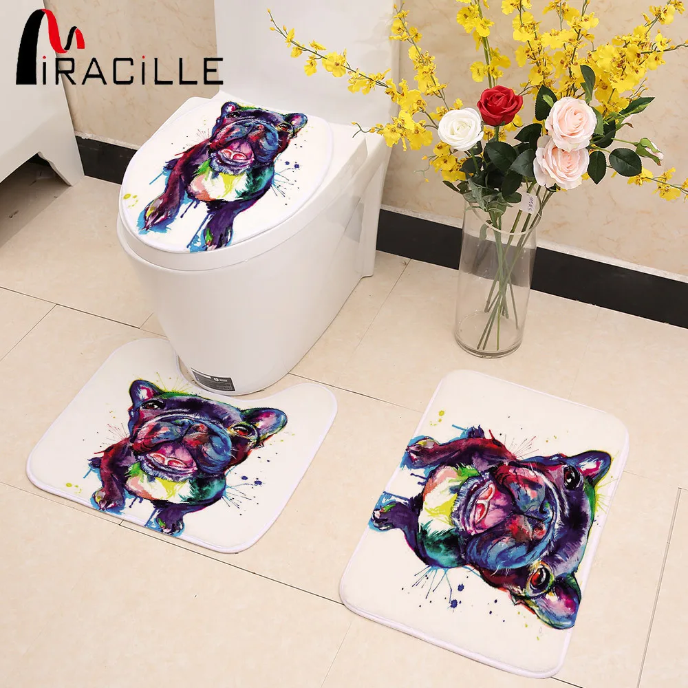 

Miracille Colorful Pug French Bulldog Print 3pcs/Set Winter Toilet Seat Covers Soft Warmer Washable Bathroom Non Slip Area Rug