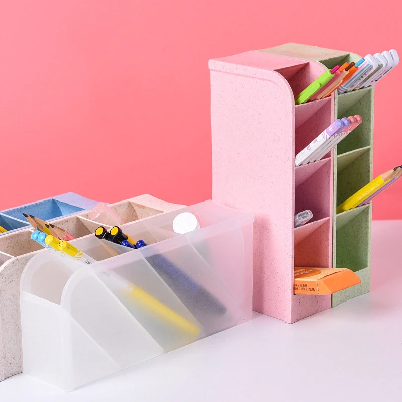 

Multifunctional 4 grid desktop pen holder office school stationery holder box transparent white plastic stationery organizer