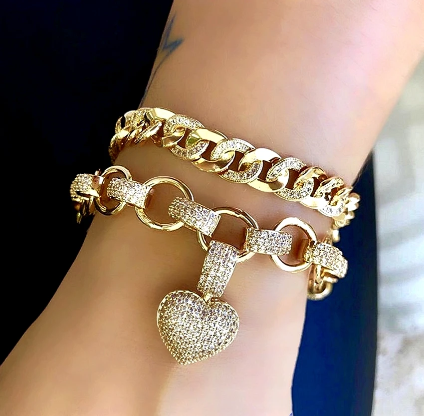 Luxury Heart Shape Jewelry Sets Paved Micro Cubic Zirconia Gold Color Pendant Necklace Bracelets Bangles sets For Women Jewelry