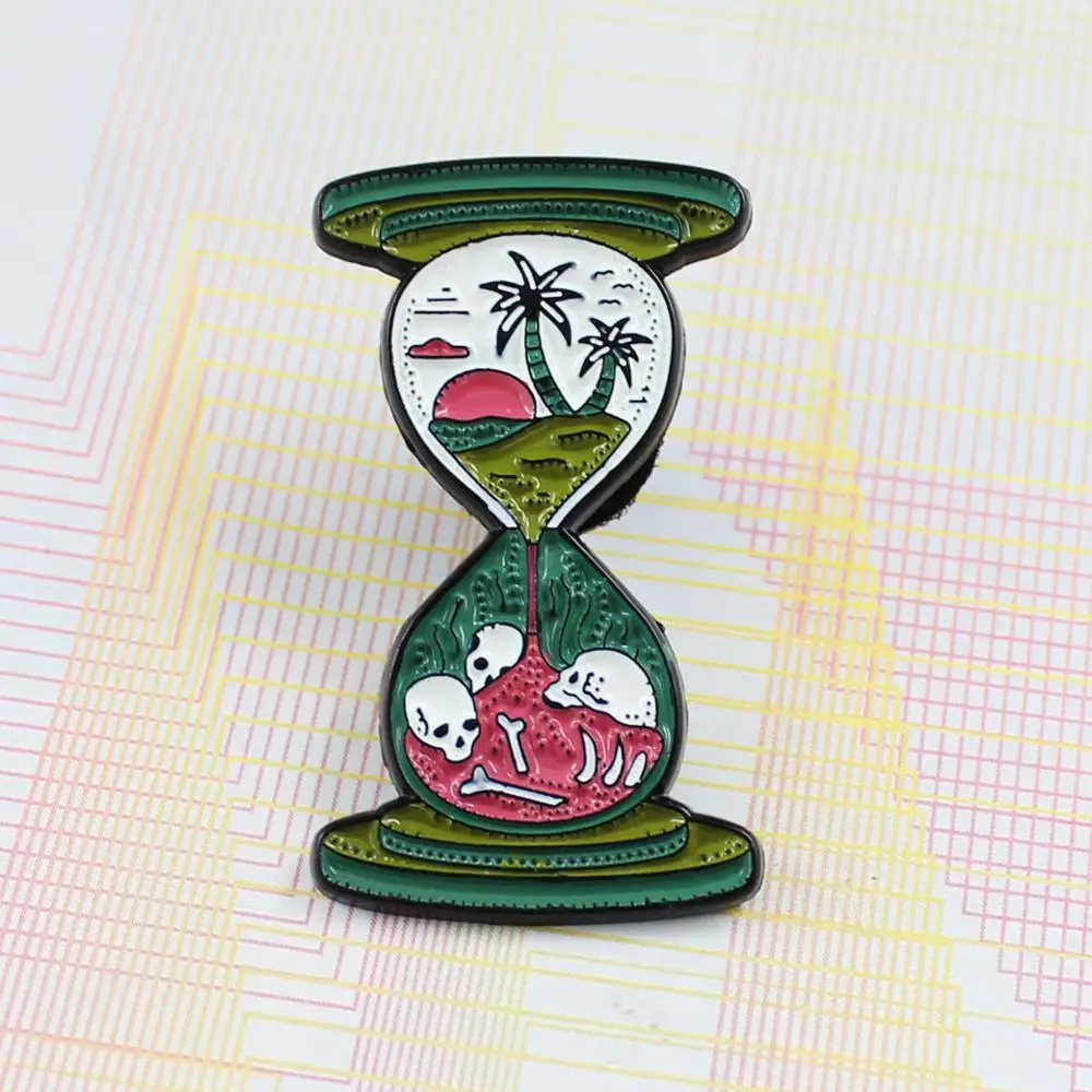 

Green Skull Hourglass Creative Brooch Beach Coconut Tree With Sunset Camping Adventure Theme Brooches Badge Pack Pins Gifts