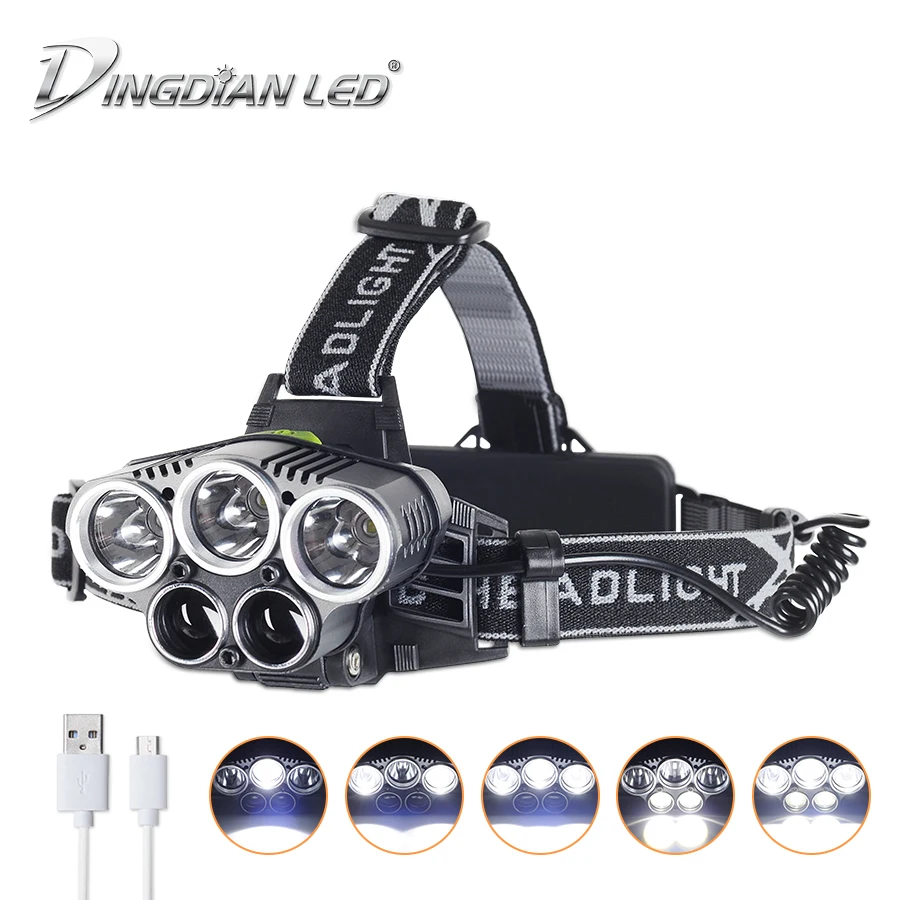 

DINGDIAN LED USB Rechargeable Headlight 25000lm Headlamp 6 Modes 5 Quantity Cree Source Outdoor Flashlight Lantern 18650 Battery