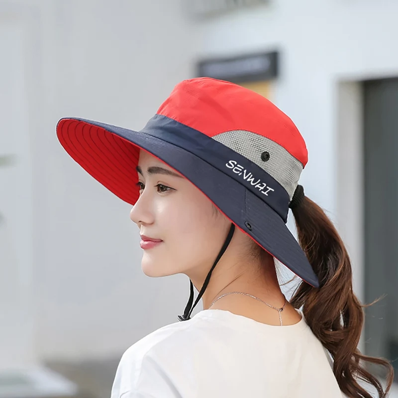 Outdoor Bucket Hat Wide Brim Quick Drying Breathable Packable Foldable Sunshade Sun Ponytail Cap With Chin Strap