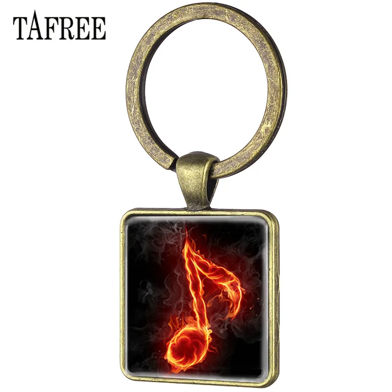 

TAFREE Vintage Musical Note Keychain Music Notation Art Picture Glass Cabochon Key Ring Glass Dome Square Jewelry MT56