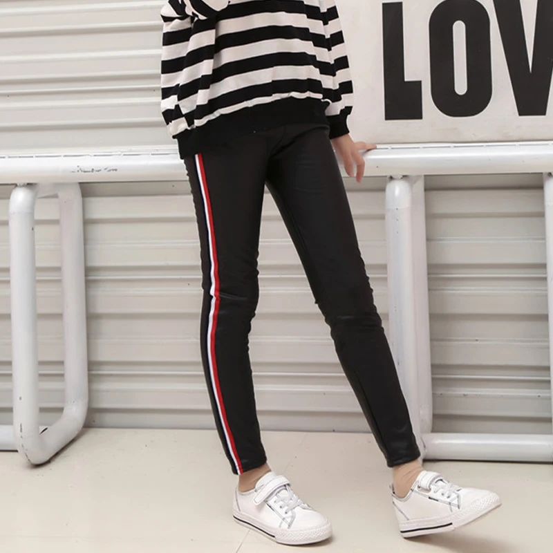 

2019 New Autumn Girls leggings Children PU Pants Baby Kids Winter Warm Trousers Child Plus Velvet Bootcut For 3 to 14 Years Old