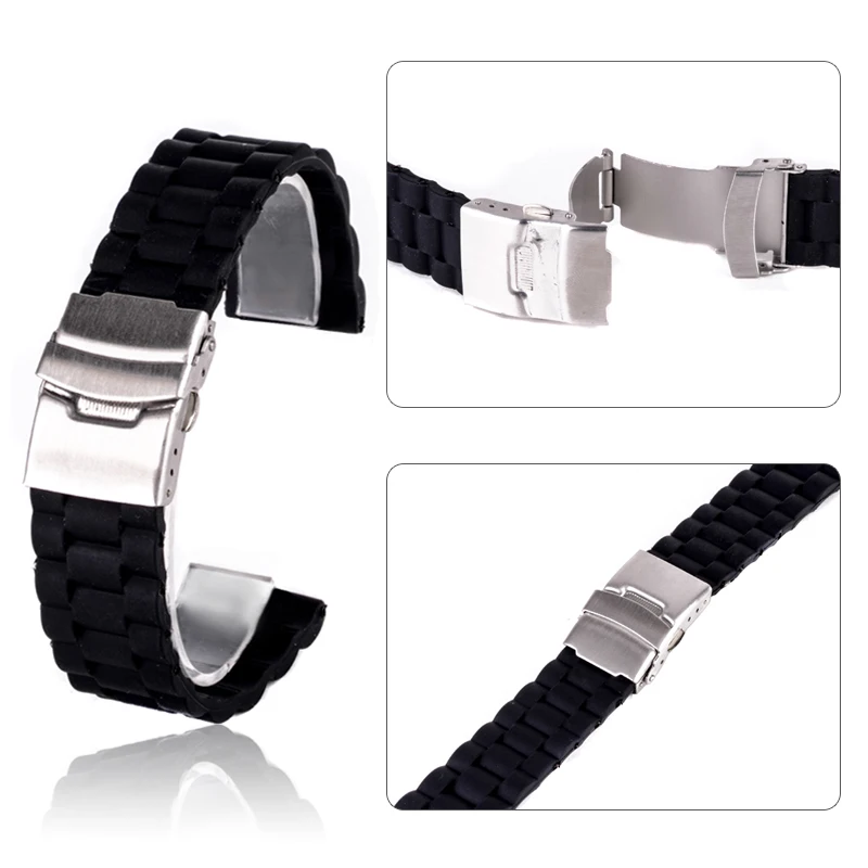 Shellhard 20mm 22mm Black Silicone Watch Strap Rubber Wrist Watch Strap Band Stainless Steel  Deployment Buckle Black