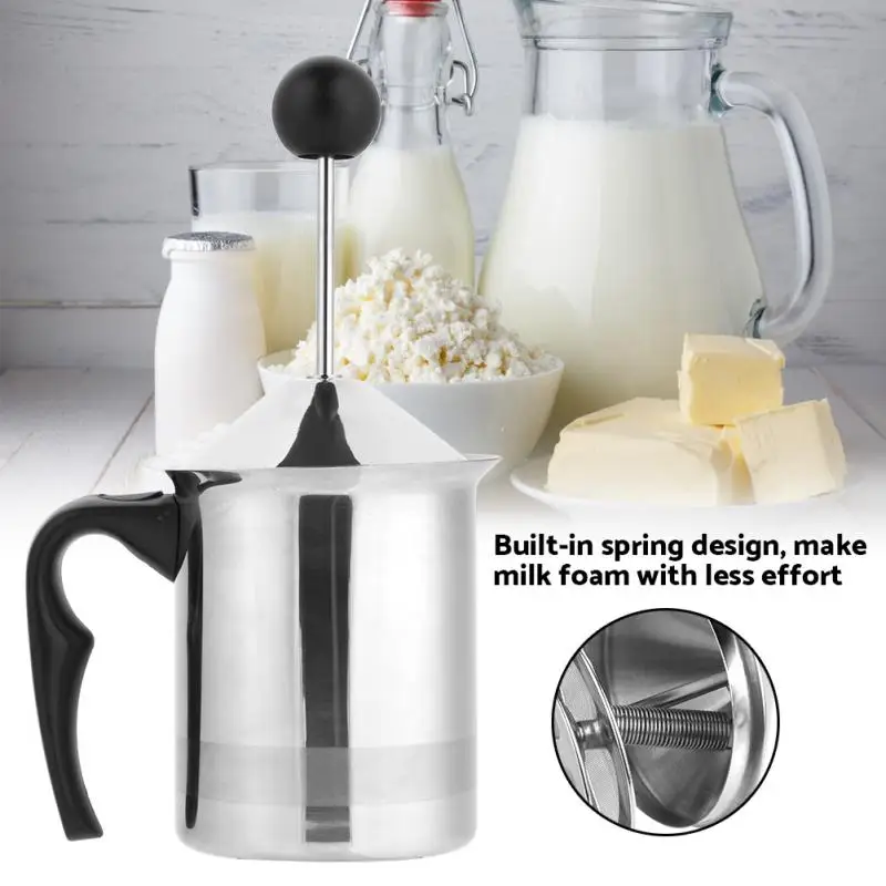 Manual Milk Frother 500ml Stainless Steel Double Mesh Built in Spring
