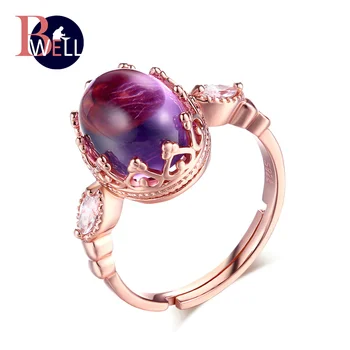 

Bwell Unique Oval Natural Gemstone Amethyst Ring 925 Sterling Silver Rose Gold Plated Adjustable Fine Jewelry For Women BWRI022