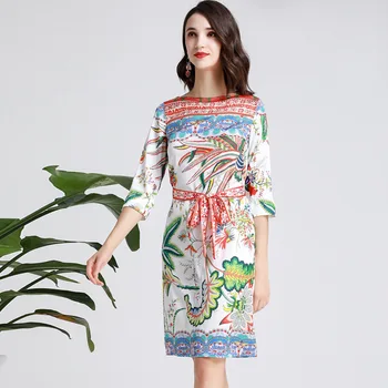

New Women Landscape Print Women Dress Elegant O-Neck Half Sleeve Work Dresses E5236