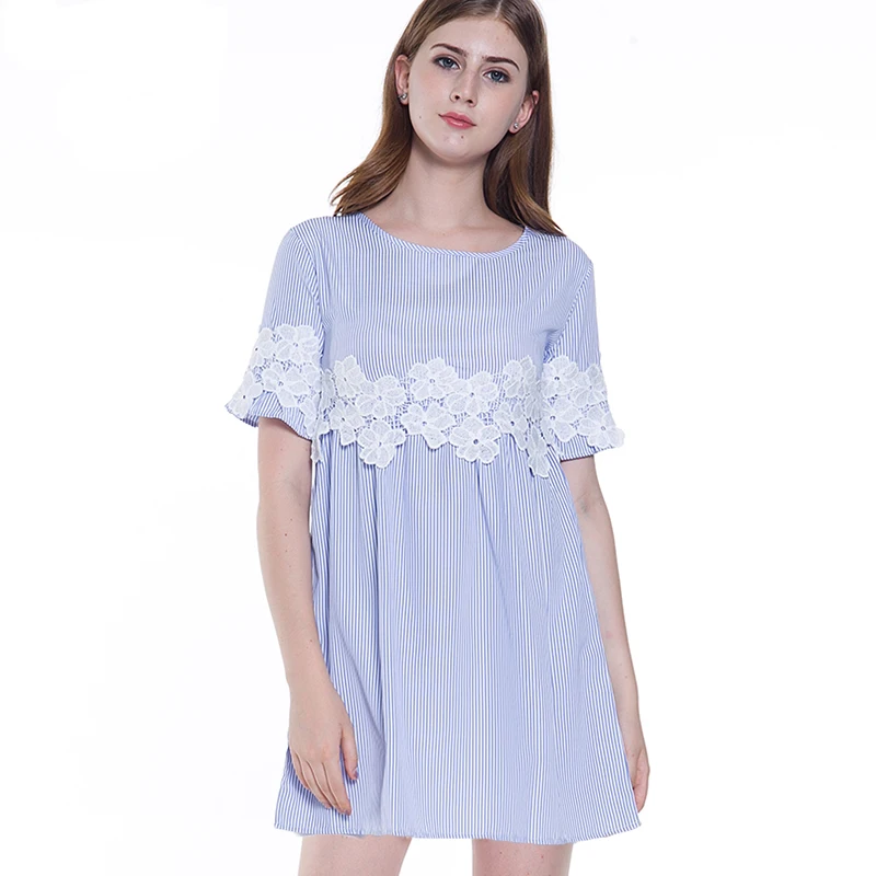 Blue Striped Cute Babydoll Summer Dress 2017 Floral Lace Applique Flare