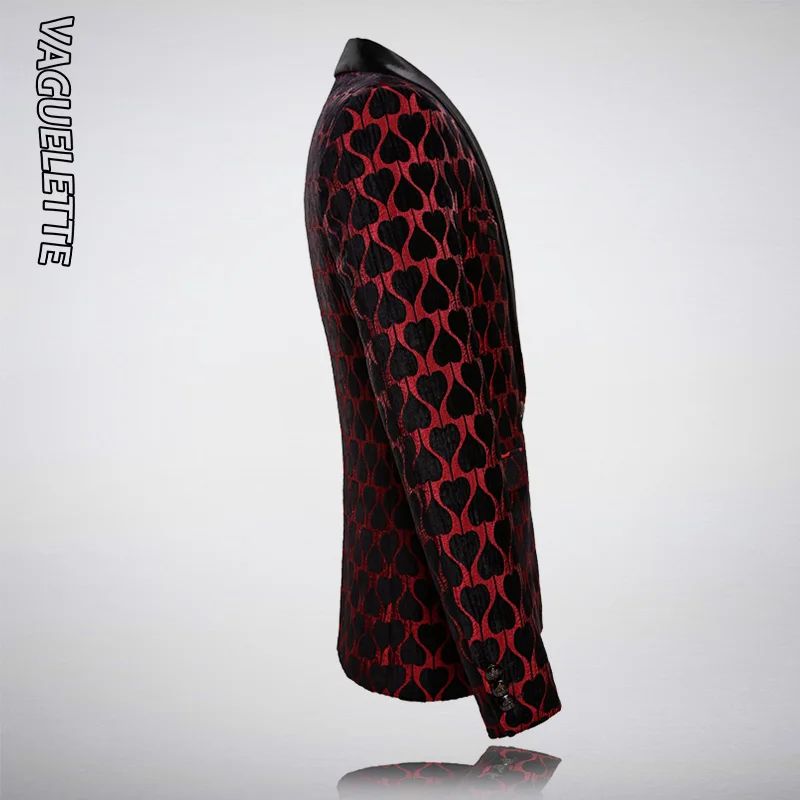 VAGUELETTE Spades Pattern Blazer Men Red&Black Men's Fashion Blazer Shawl Collar Tuxedos Slim Fit Blazer Estampada Hombre M-5XL