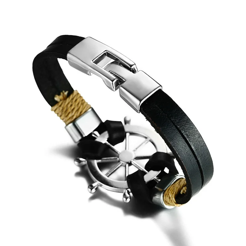 Vnox Rudder Design Men Bracelet Bangle Double Layer Leather Classic Vintage Daily Sport Sailing Jewelry