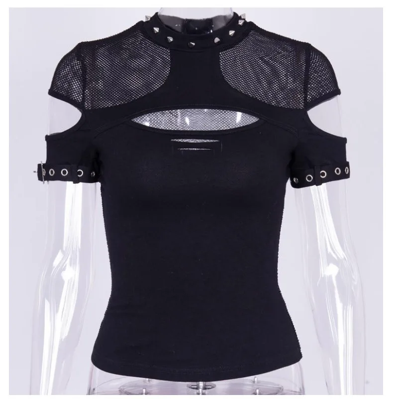 JIEZuoFang Grunge Elegant Black T-shirts Gothic Style Punk Hollow Out Mesh Summer T-shirt Aesthetic Patchwork Sexy Fashion Tops