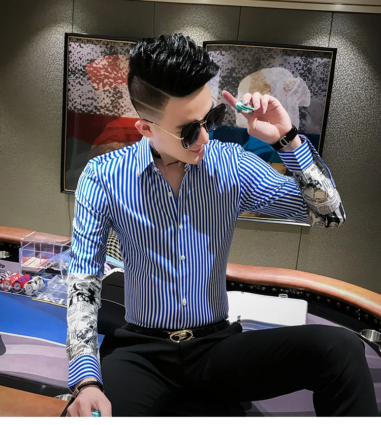 Мода, рубашка-смокинг, осенняя новая полосатая рубашка с длинными рукавами, мужская повседневная рубашка с принтом в стиле пэчворк, Мужская блузка