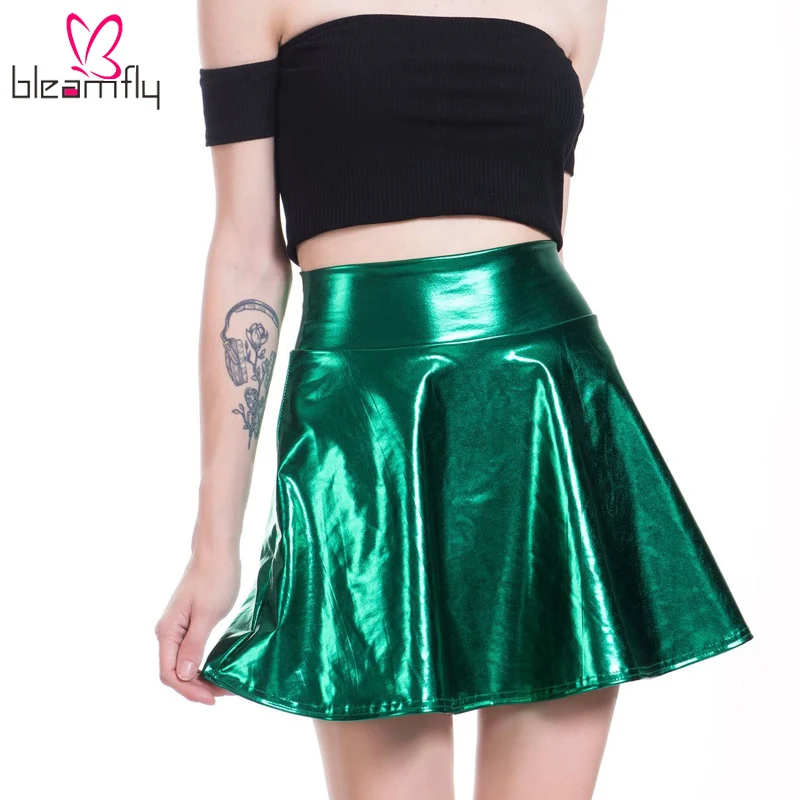 

High Waist PU Skirts Women Casual Mini Pleated Skirt Faux Leather Skirt Skater Pleated Female Silver Black Skirt Plus Size