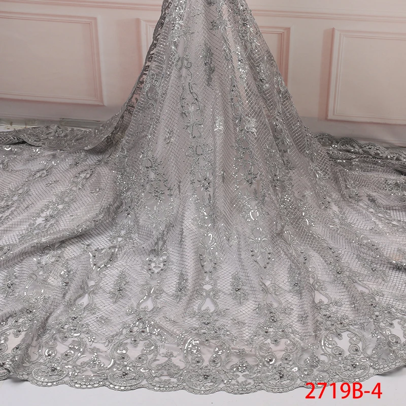 

2019 Latest French Nigerian Laces Fabrics High Quality African Tulle Lace Fabric with Sequins Beads for Wedding KS2719B-4