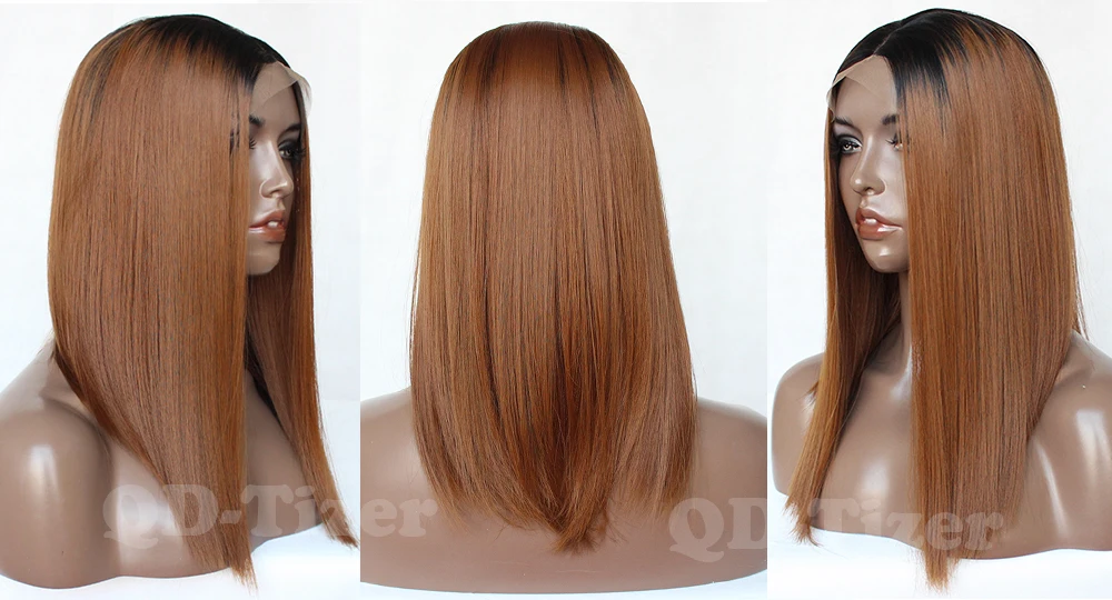 QD-Tizer Bob Wig Short Straight Synthetic Lace Front Wig Ombre Brown Lace Front Wigs For Black Women 6