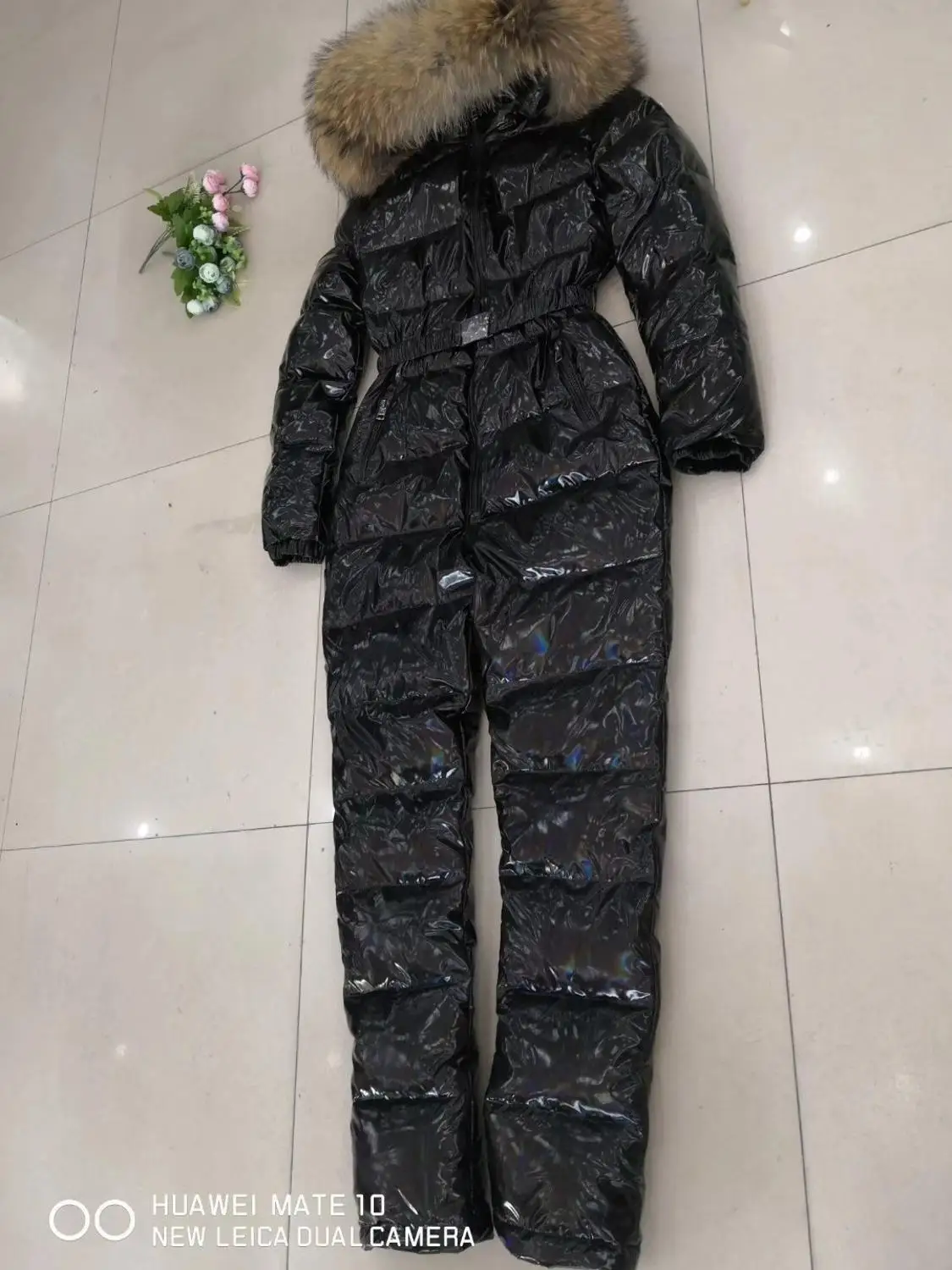 Женский комбинезон с капюшоном зимний из натурального меха Размеры M L XL