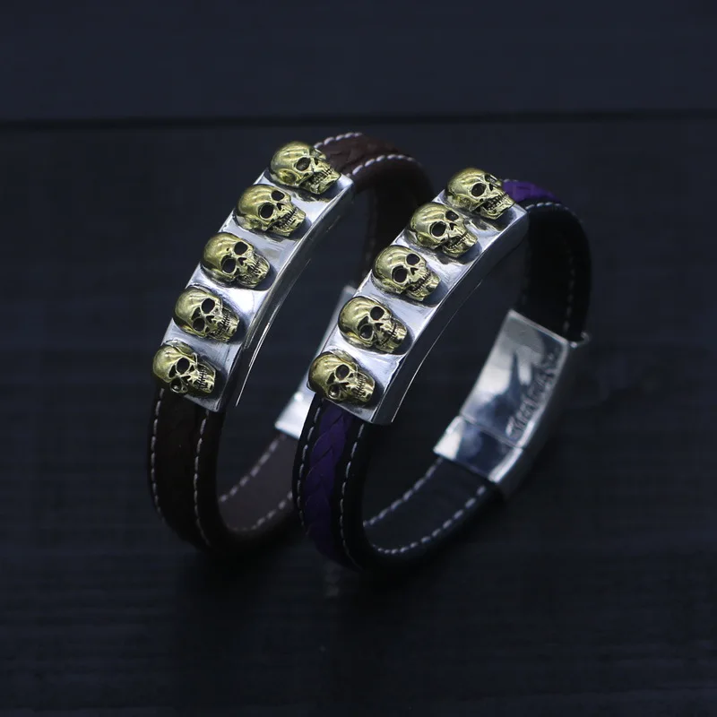 

Starfield S925 Sterling Silver Retro Thai Silver Skeleton Head Punk Style Leather Male Female Bracelet