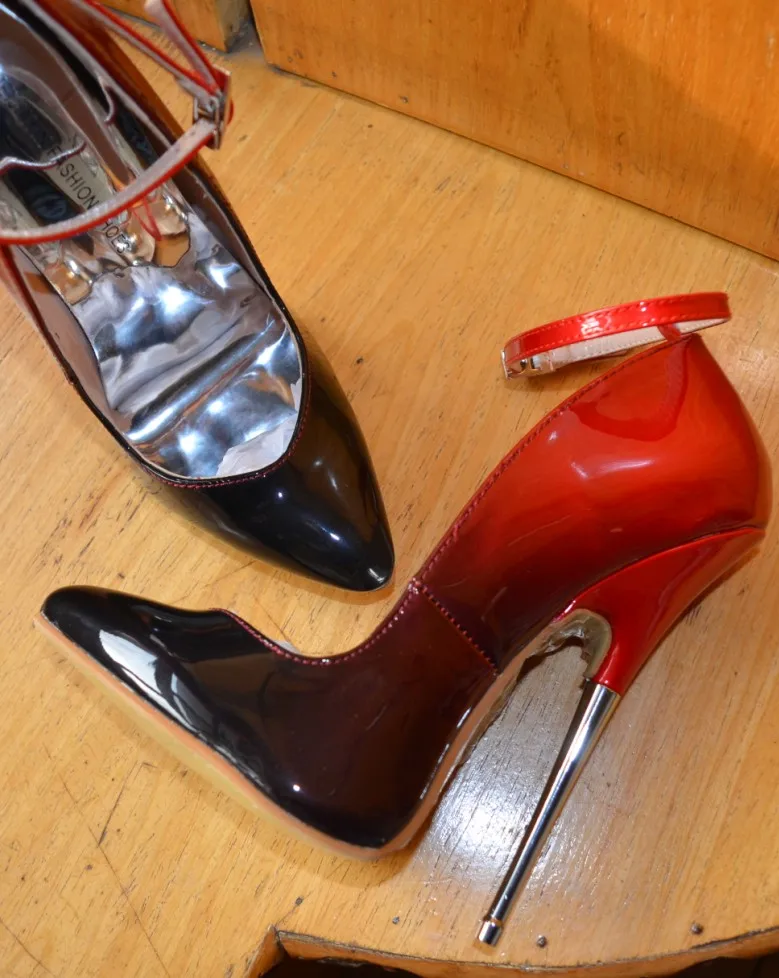 

Black Red Mixed Color Womens Sexy Pumps Shoes Stilettos Steel Heel Ankle Strap Pointed Toe Patent Leather A7